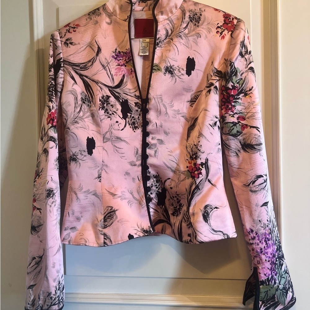 JS Collections silk floral Pink and Black spring Artistic Blazer